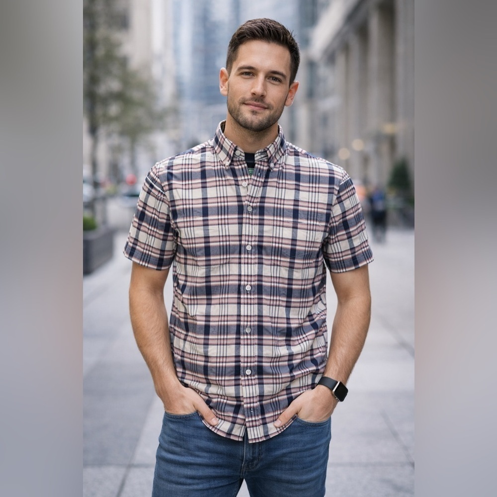 J.CREW men’s plaid blue pink button up short sleep shirt gray lined collar - M